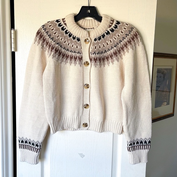 Doen Clarke Merino Alpaca Cardigan Oatmeal Olympia Fair Isle XS EUC - Picture 2 of 10